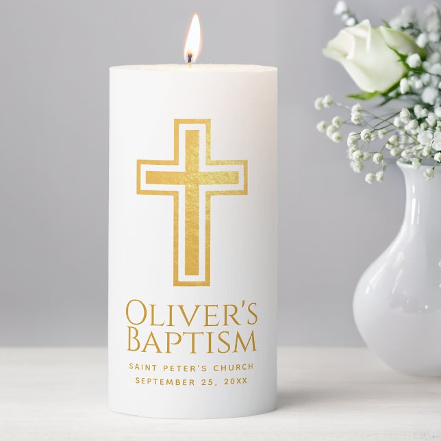 Baptism Cross Faux Gold Foil Simple Elegant Pillar Candle (Creator Uploaded)