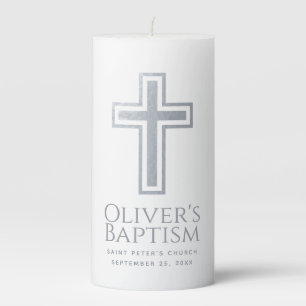 Baptism Cross Faux Silver Foil Simple Elegant Boy Pillar Candle