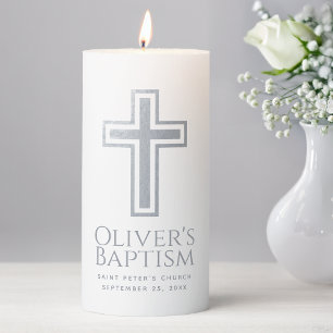 Baptism Cross Faux Silver Foil Simple Elegant Boy Pillar Candle