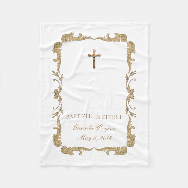 Baptism Cross Gold Crucifix Frame Fleece Blanket (Front)