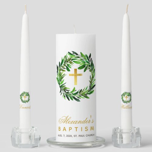 Baptism Cross in Greenery Wreath Gender Neutral  Unity Candle Set