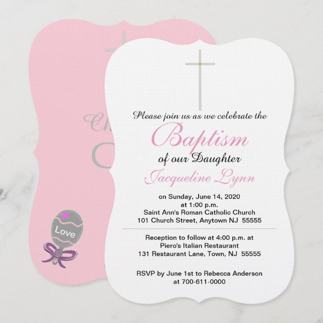 Baptism Cross Pink Baby Rattle Daughter Invitation (Front/Back)