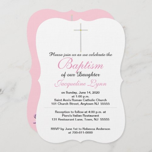 Baptism Cross Pink Baby Rattle Daughter Invitation