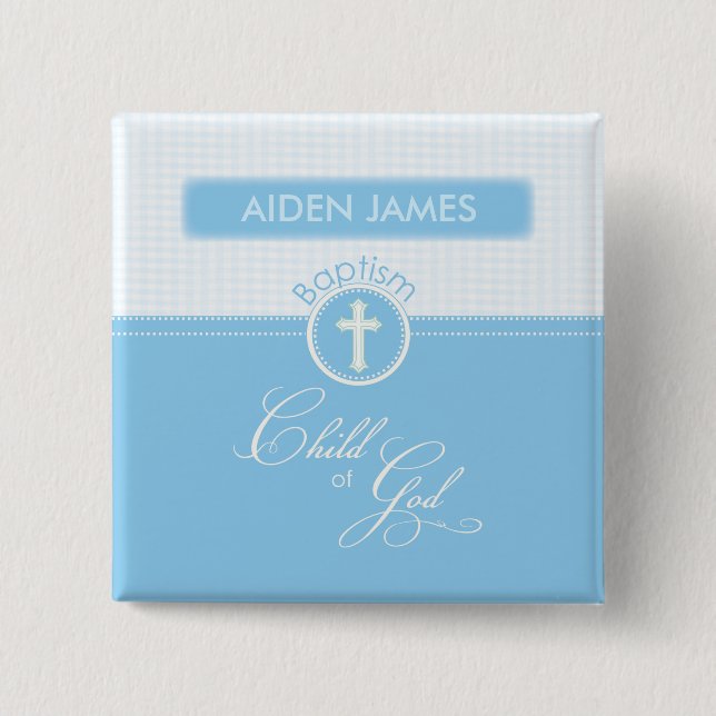 Baptism, Custom Name,  Blue Child of God Pinback Button (Front)