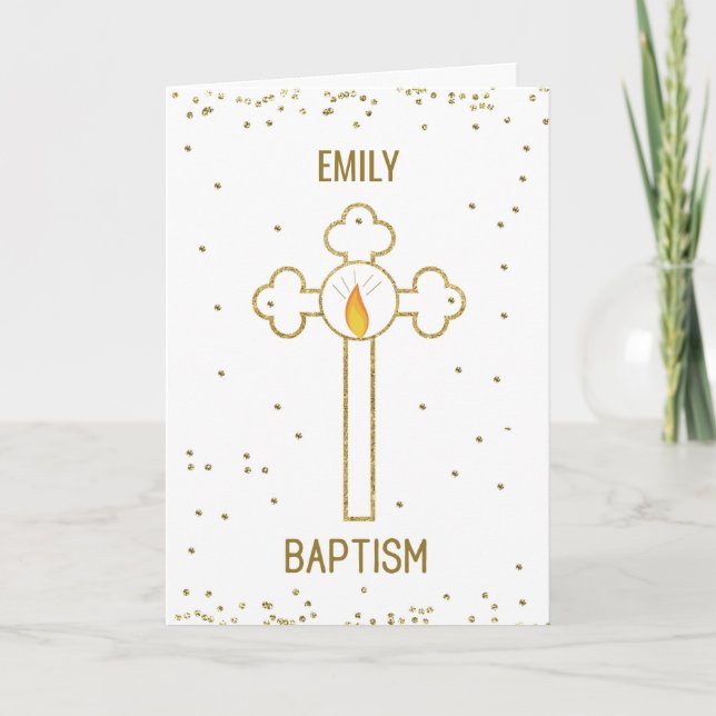 Baptism Custom Name Emily Gold Cross Card (Front)