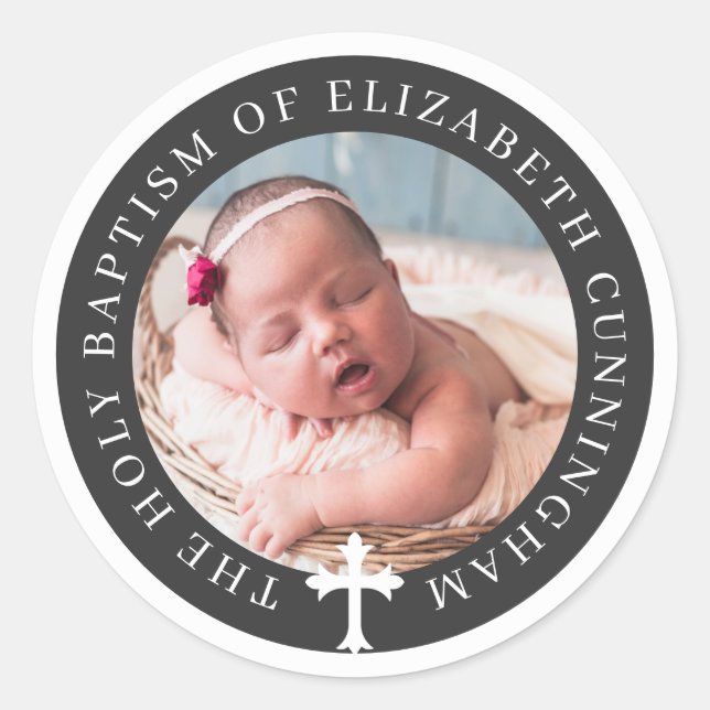 Baptism | Custom Photo and Cross Classic Round Sticker (Front)