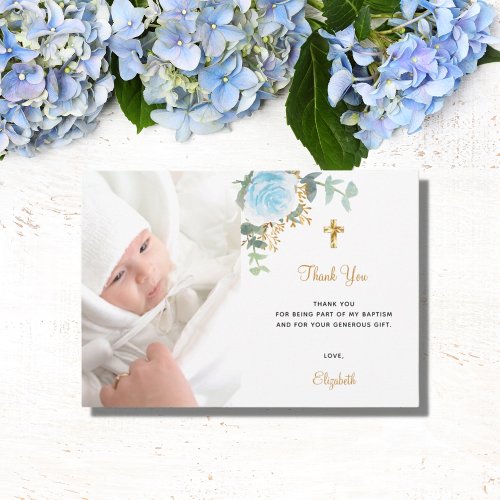 Baptism custom photo blue floral boy gold  thank you card