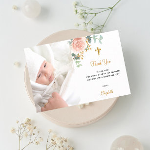 Baptism custom photo blush pink floral girl gold thank you card