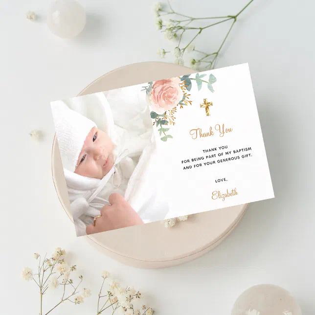 Baptism custom photo blush pink floral girl gold thank you card | Zazzle