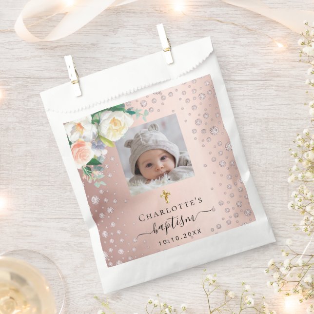 Baptism custom photo rose gold girl florals favor bag (Clipped)