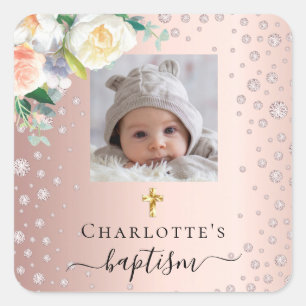 Baptism custom photo rose gold girl florals square sticker