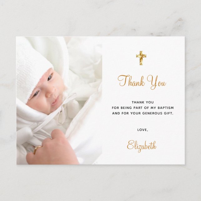 Baptism custom photo white gold thank you postcard (Front)