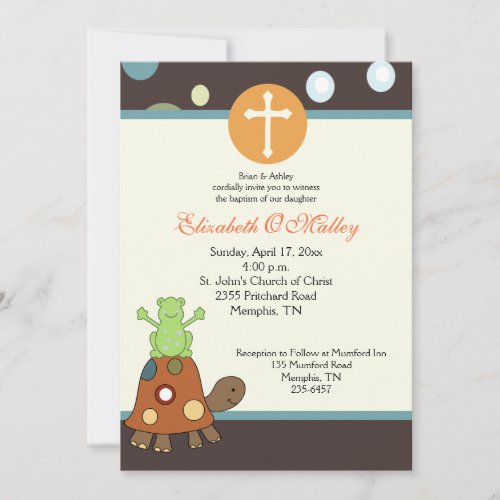 Baptism Dedication 5x7 Frog  Turtle Invitation