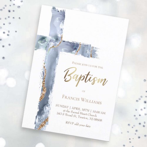 Baptism dusty blue agate Holy Cross Invitation