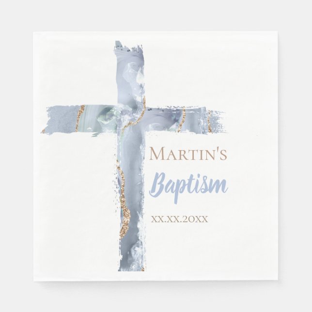 Baptism dusty blue agate Holy Cross Napkins (Front)