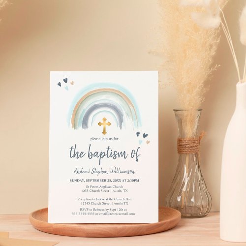 Baptism Dusty Blue and White Boho  Rainbow  Invitation