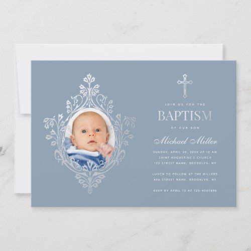  Baptism Dusty Blue  Boy Photo Elegant Faux Silver Invitation