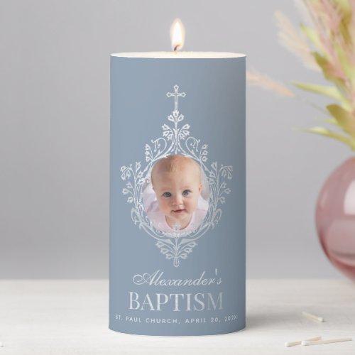 Baptism Dusty Blue Boy Photo Elegant Faux Silver Pillar Candle