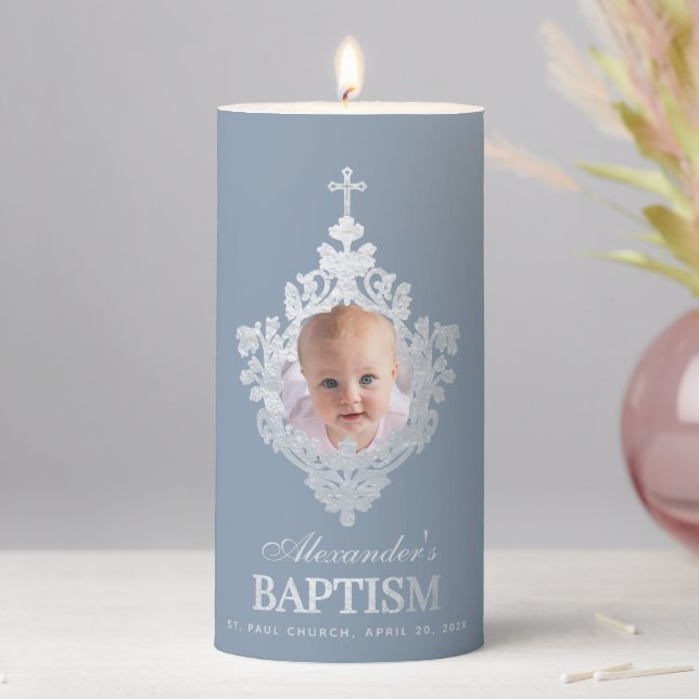 Baptism Dusty Blue Boy Photo Elegant Faux Silver Pillar Candle (In Situ)