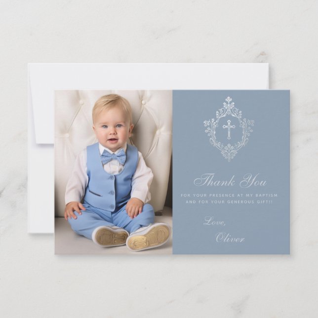 Baptism Dusty Blue Crest Cross Elegant Boy Photo Thank You Card (Front)