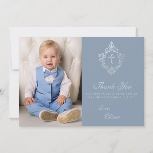 Baptism Dusty Blue Crest Cross Elegant Boy Photo Thank You Card
