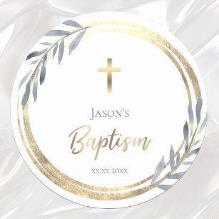 Baptism dusty blue faux gold foil  classic round sticker