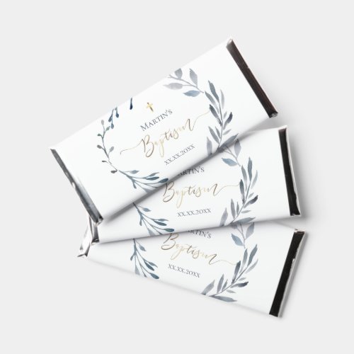 Baptism dusty blue foliage wreath hershey bar favors