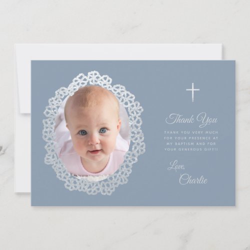 Baptism Dusty Blue Photo Floral Wreath Faux Silver