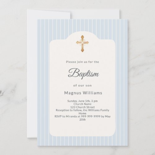 Baptism dusty blue stripes boy invitation
