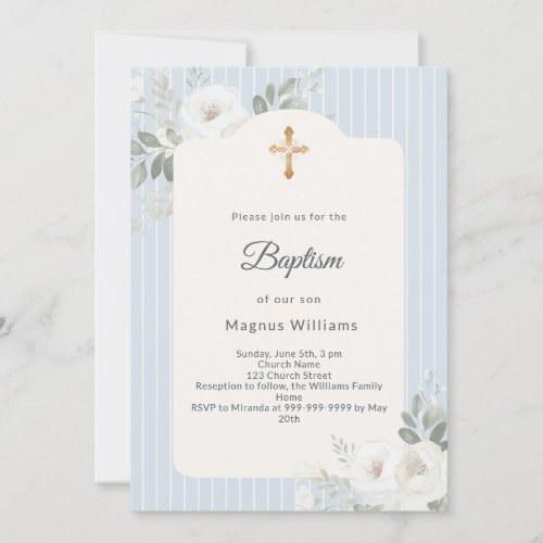 Baptism dusty blue stripes white florals boy invitation
