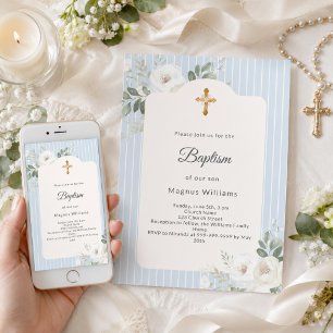 Baptism dusty blue stripes white florals boy invitation