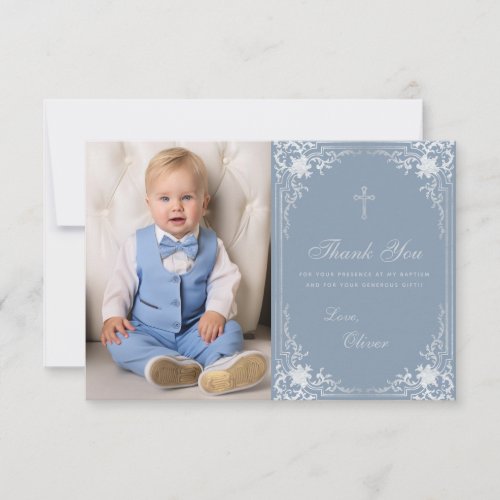 Baptism Dusty Blue Vintage Elegant Boy Photo Thank You Card