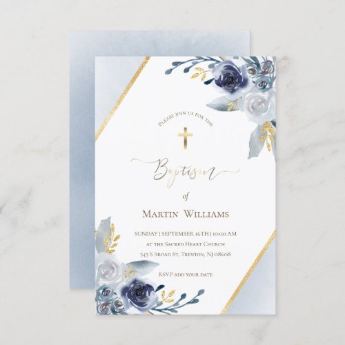 Baptism   dusty blue watercolor flowers frame inv invitation