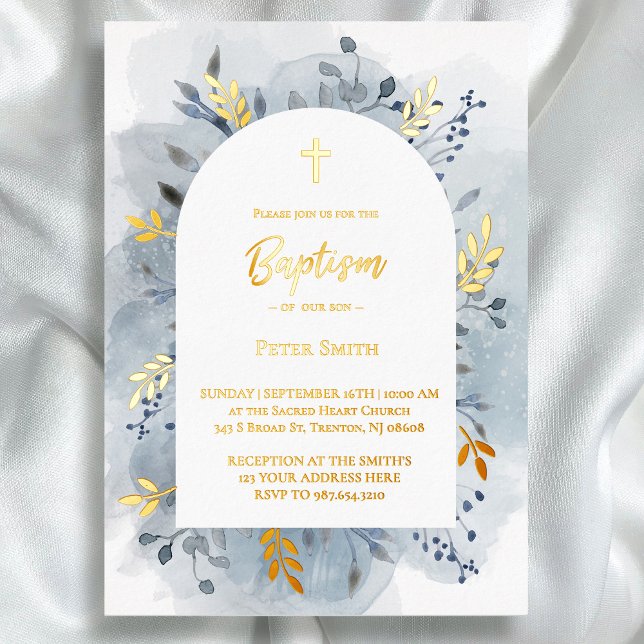 Baptism dusty blue watercolor gold foil invitation (Creator Uploaded)