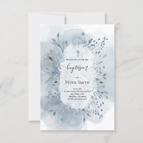Baptism dusty blue watercolor splash foliage invitation