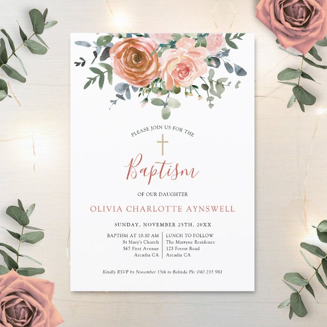  Baptism Dusty Coral Rose Eucalyptus Christening Invitation (Creator Uploaded)