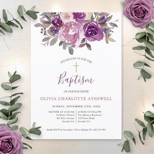  Baptism Dusty Mauve Purple Botanical Christening Invitation