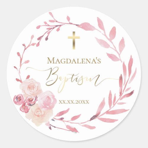 Baptism dusty pink floral wreath classic round sticker