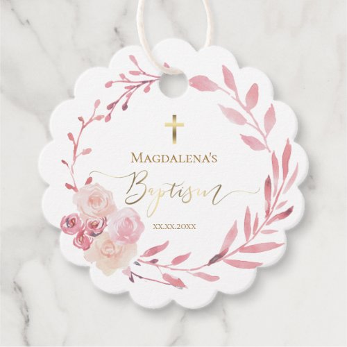 Baptism dusty pink floral wreath Favor Tags