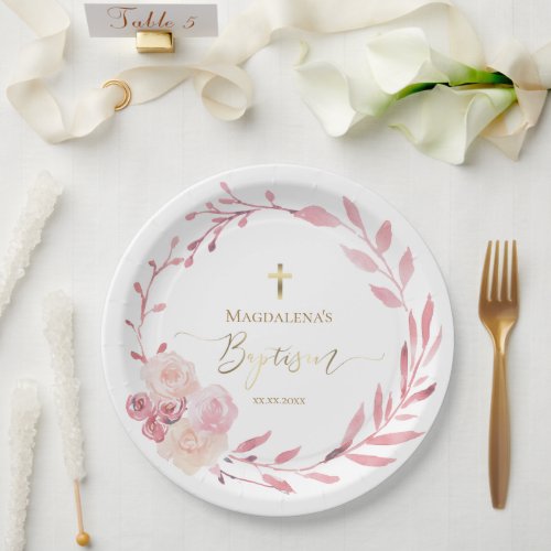 Baptism dusty pink floral wreath paper plates