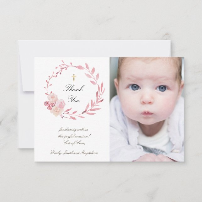 Baptism  dusty pink flowers wreath thank you card (Front)