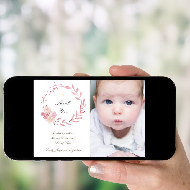 Baptism  dusty pink flowers wreath thank you card (Front Digital)