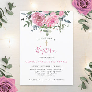 Baptism Dusty Pink Rose Eucalyptus Christening Invitation