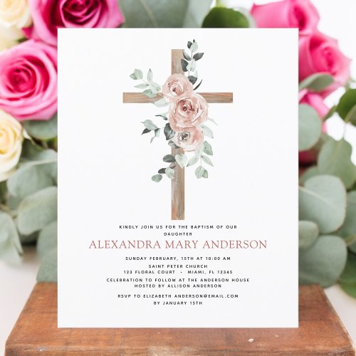 Baptism Dusty Pink Rose Eucalyptus Invitation