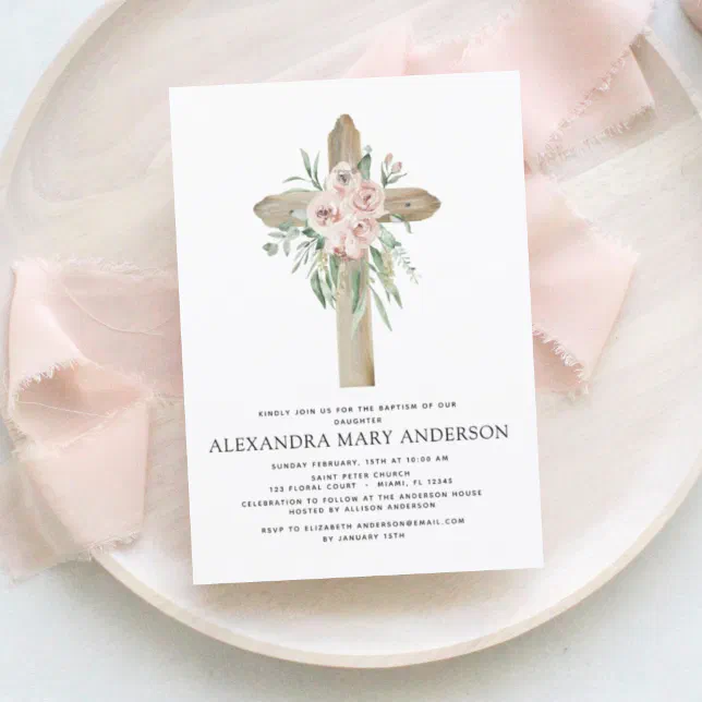 Baptism Dusty Pink Rose Greenery Eucalyptus Invita Invitation | Zazzle