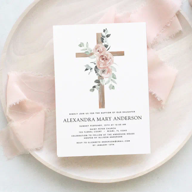 Baptism Dusty Pink Rose Greenery Eucalyptus Invitation | Zazzle