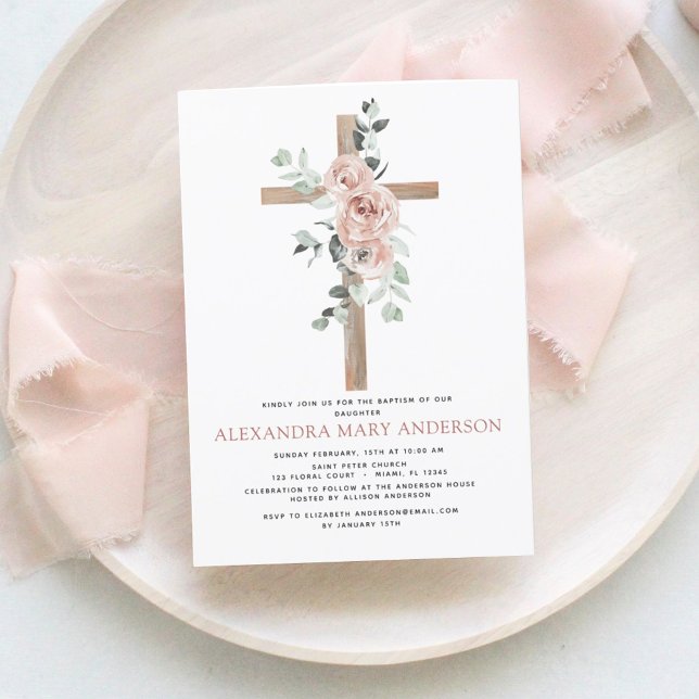 Baptism Dusty Pink Rose Greenery Eucalyptus Invitation (Creator Uploaded)