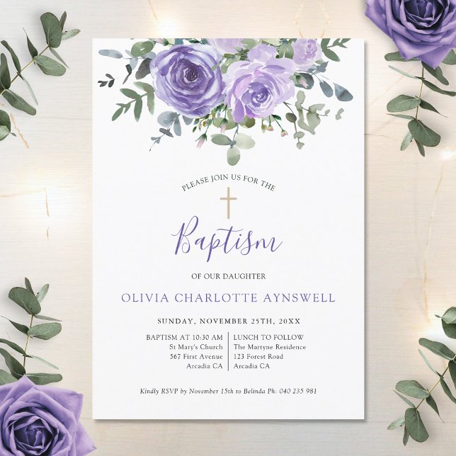  Baptism Dusty Purple Rose Eucalyptus Christening Invitation (Creator Uploaded)