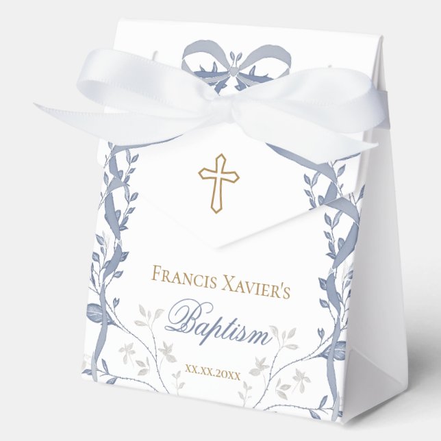 Baptism elegant blue bow favor boxes (Front)