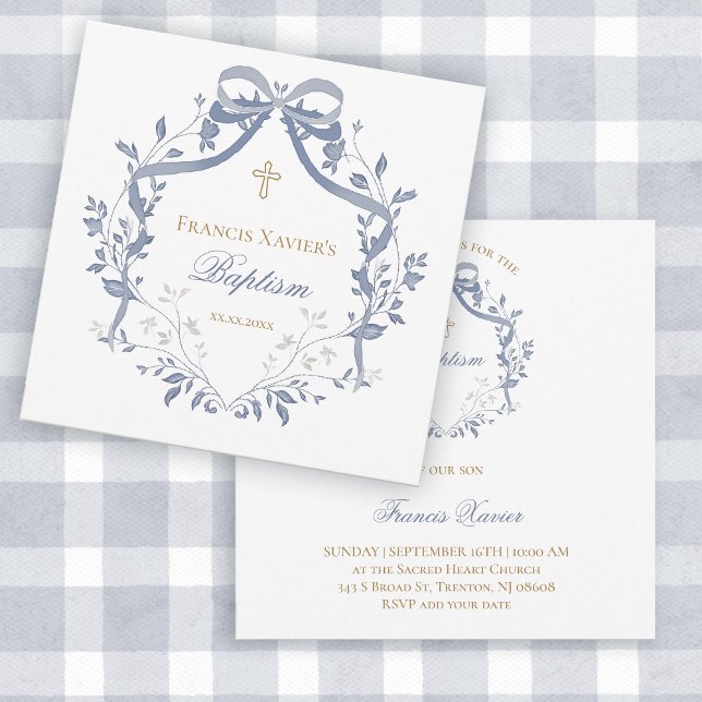 Baptism elegant blue bow invitation (Creator Uploaded)